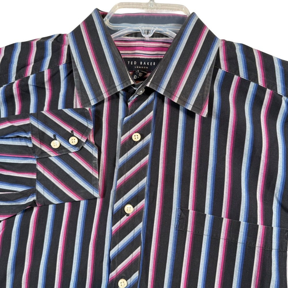 Ted Baker Button Down Shirt Mens 16.5 34/35 (Large) Black Striped Long Sleeve